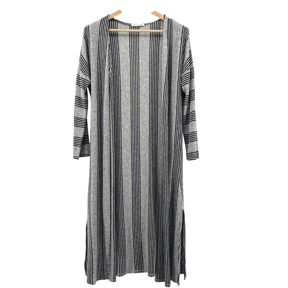 Natural Life Women's Medium Striped Long Sleeve Duster‎ Cardigan Slit Hem Gray